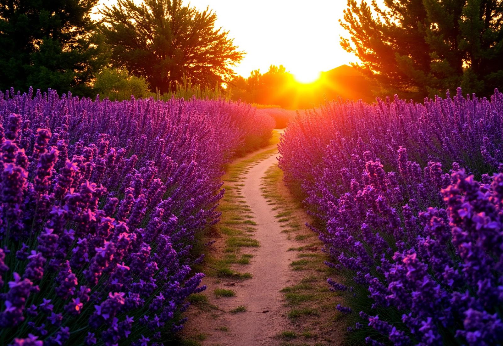 Lavender garden path at sunset